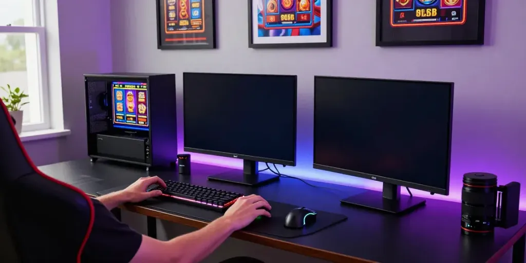 Person enjoying slot88 gaming on a high-tech setup with colorful displays.