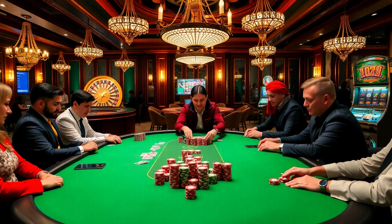 Players enjoying a thrilling poker game at https://79king.party/ with colorful chips and vibrant casino ambiance.