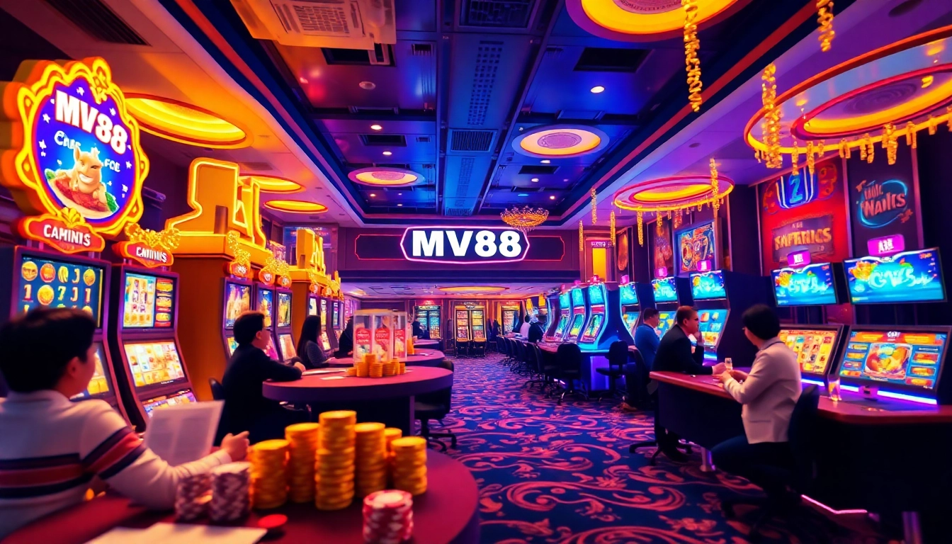 Exciting MV88 game platform scene showcasing online casino interaction and vibrant atmosphere.
