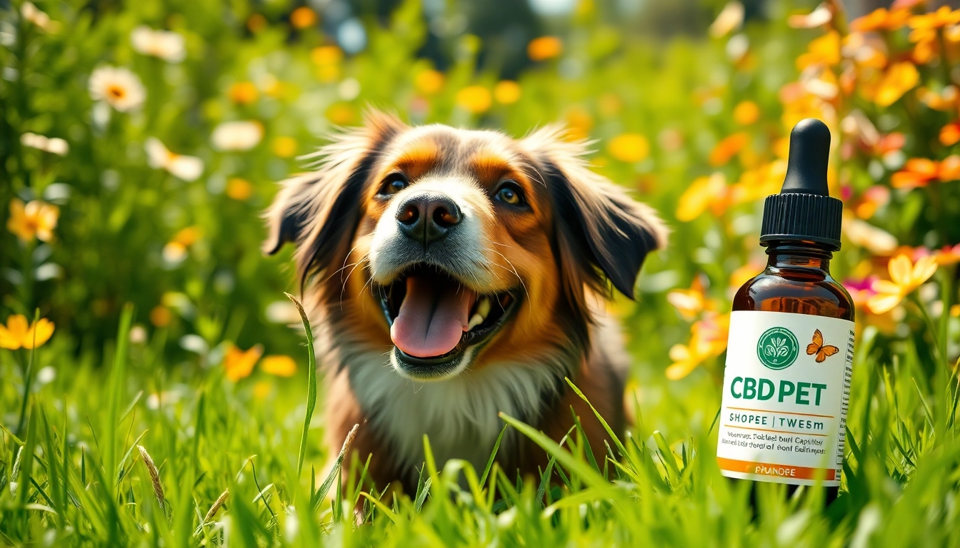 Happy dog enjoying the benefits of CBD For Pet oil in a vibrant garden setting.