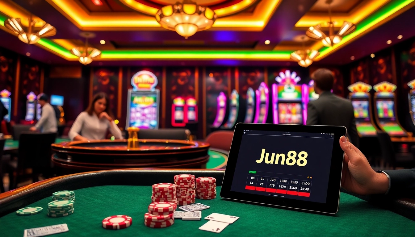 Engaging scene of a vibrant online casino with poker chips, vibrant slot machines, and the link jun88 prominently displayed.