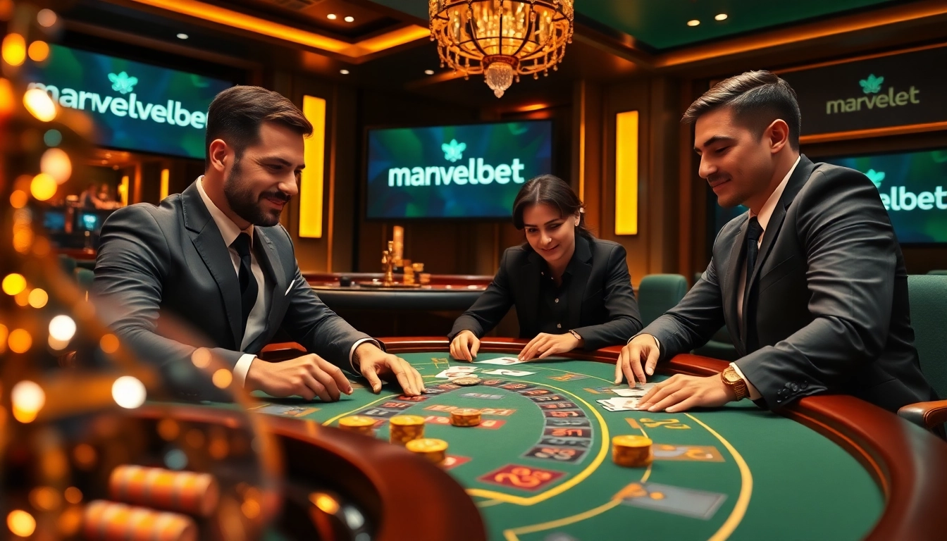 Exciting poker game at Marvelbet with glamorous casino setting and engaging players.