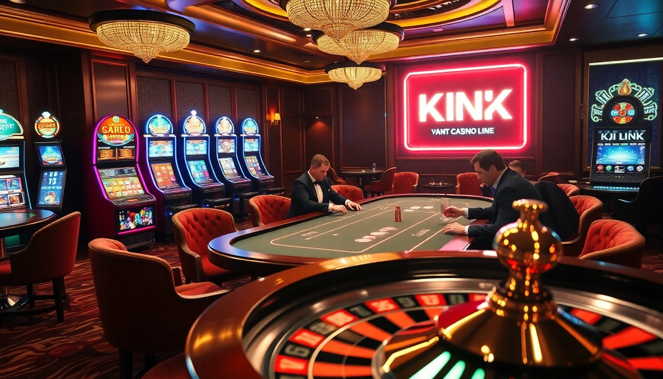 Exciting casino atmosphere showcasing the KJC LINK with gamblers at poker and roulette tables.