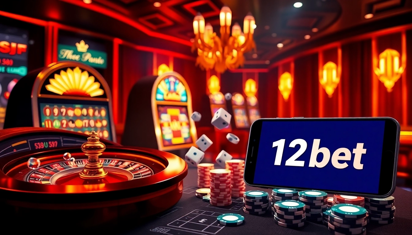 Exciting online gambling scene featuring link 12bet interface with roulette wheels and slot machines.