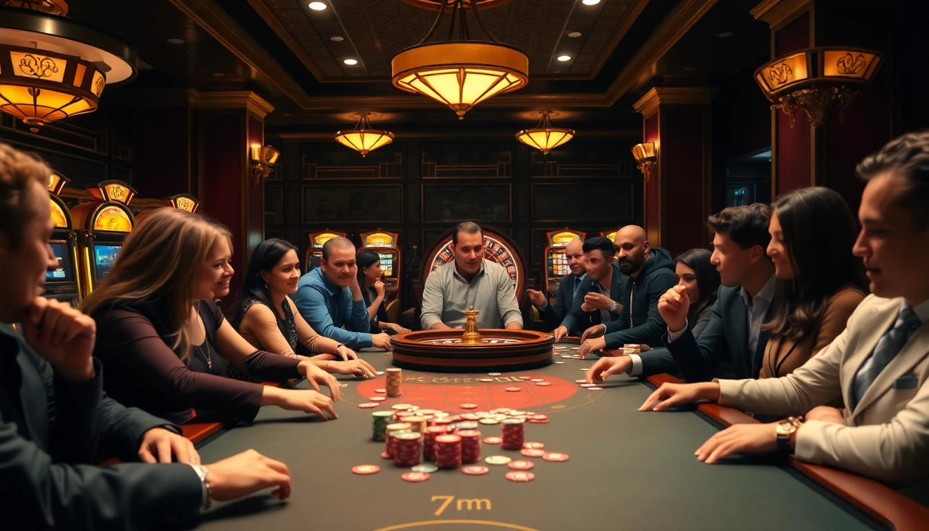 Player strategies and excitement at a 7m poker table in a luxurious casino setting.