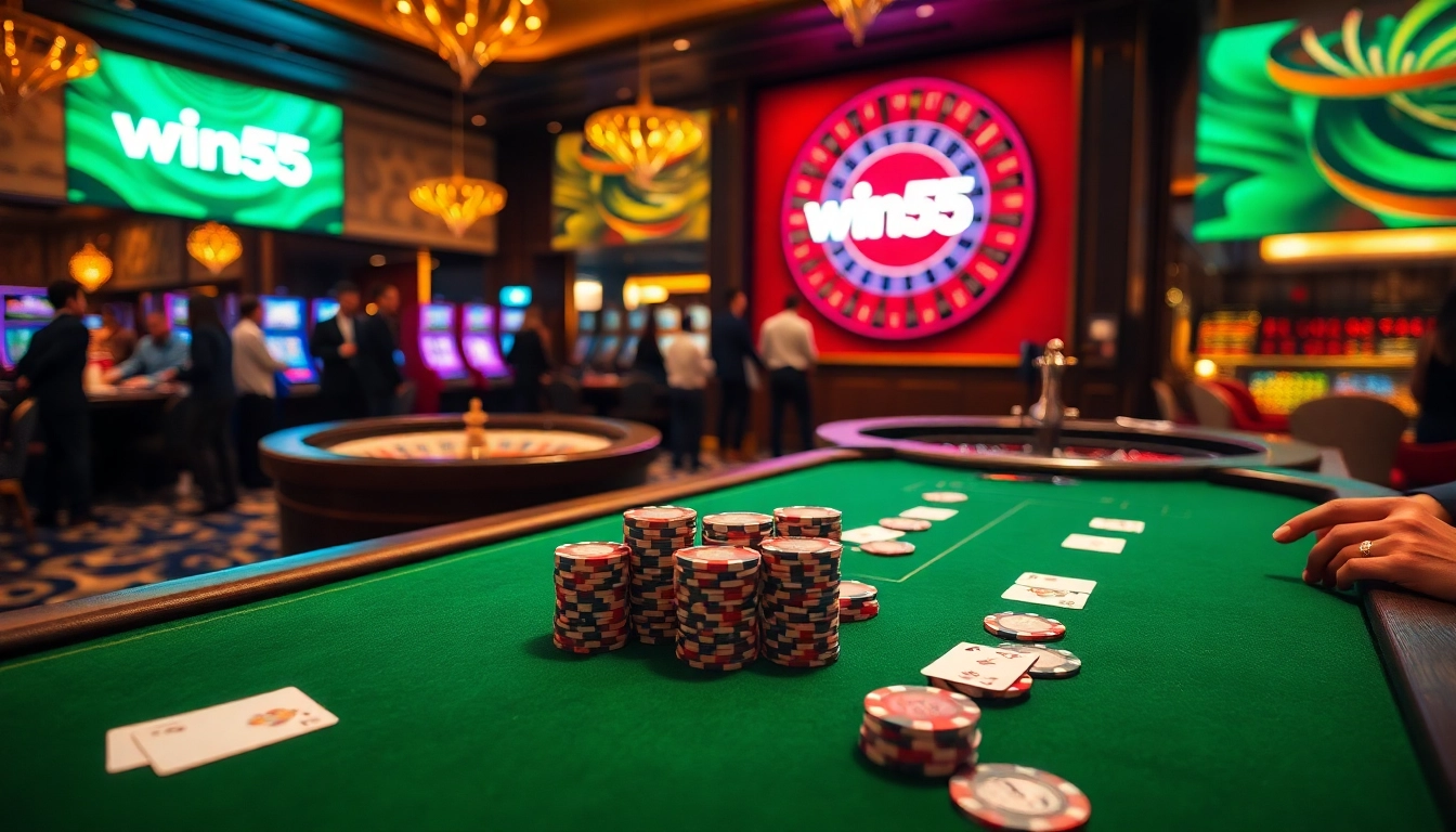 Win55 gamblers celebrating big wins at a luxury casino table.