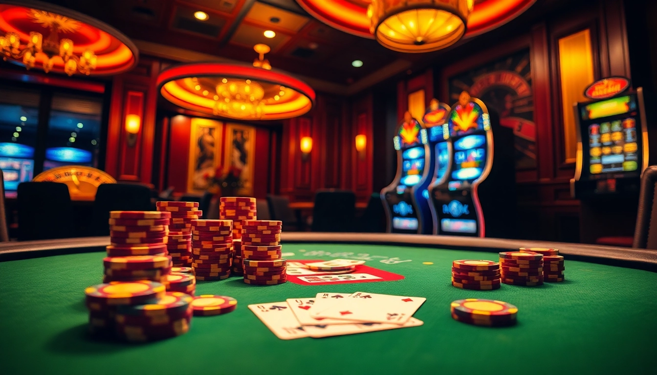 Experience the excitement of top 10 nhà cái uy tín at a luxurious casino featuring vibrant poker tables and slot machines.