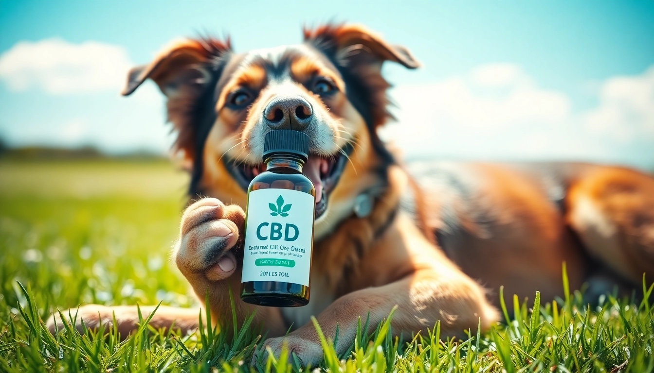 Happy dog holding a bottle of CBD Oil For Dog, enjoying the sunny grass field.