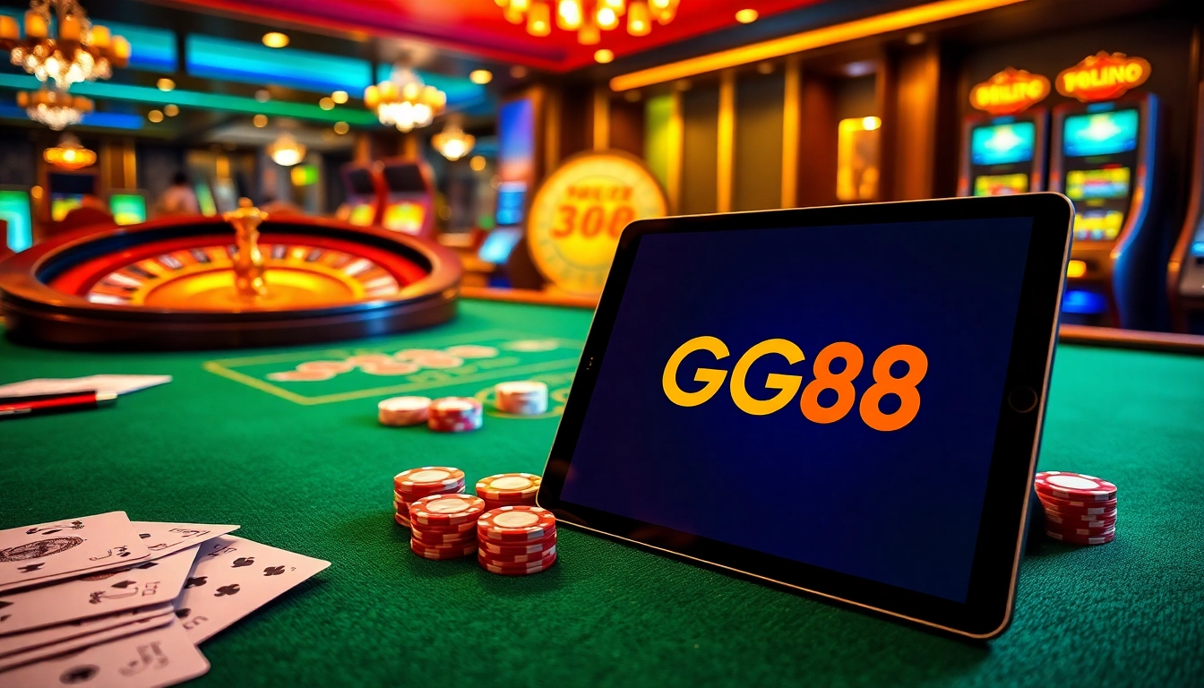 Experience the luxury of Trang chủ GG88 with an elegant gaming tableau of casino tables and vibrant slots.
