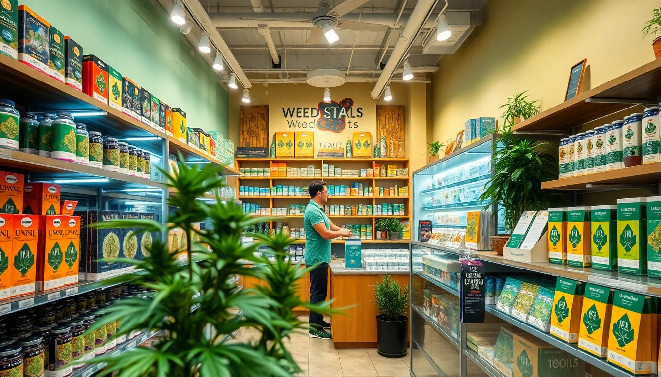 Browse premium products in a welcoming Weed Store setting with colorful displays.