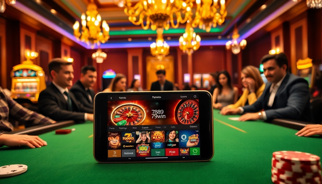 Experience the thrill of the 789win app amidst an upscale casino setting filled with poker tables and vibrant slot machines.