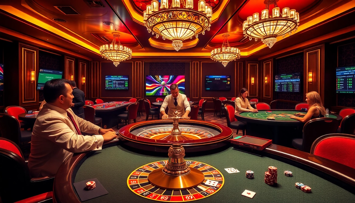 A captivating scene from khela88 casino showcasing players enjoying roulette and poker amidst luxurious decor.