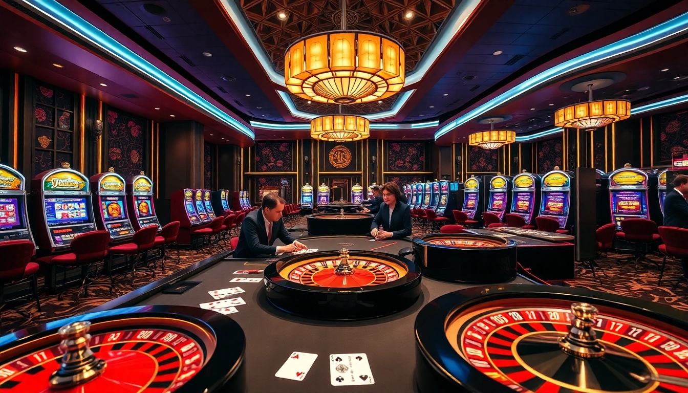 S8 casino experience with players enjoying a vivid poker table and slot machines, conveying excitement and luxury.