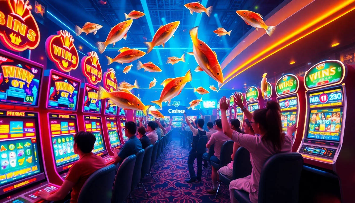 bắn cá đổi thưởng 2025 celebrates online gambling with colorful slot machines and excited players.