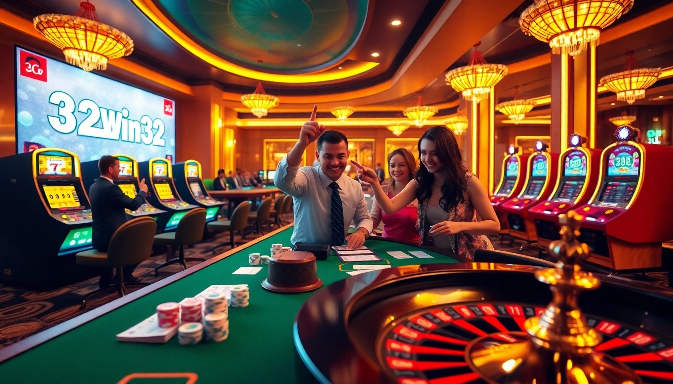 Players actively engaging in a game at 32win32 casino, featuring vibrant slot machines and poker chips.