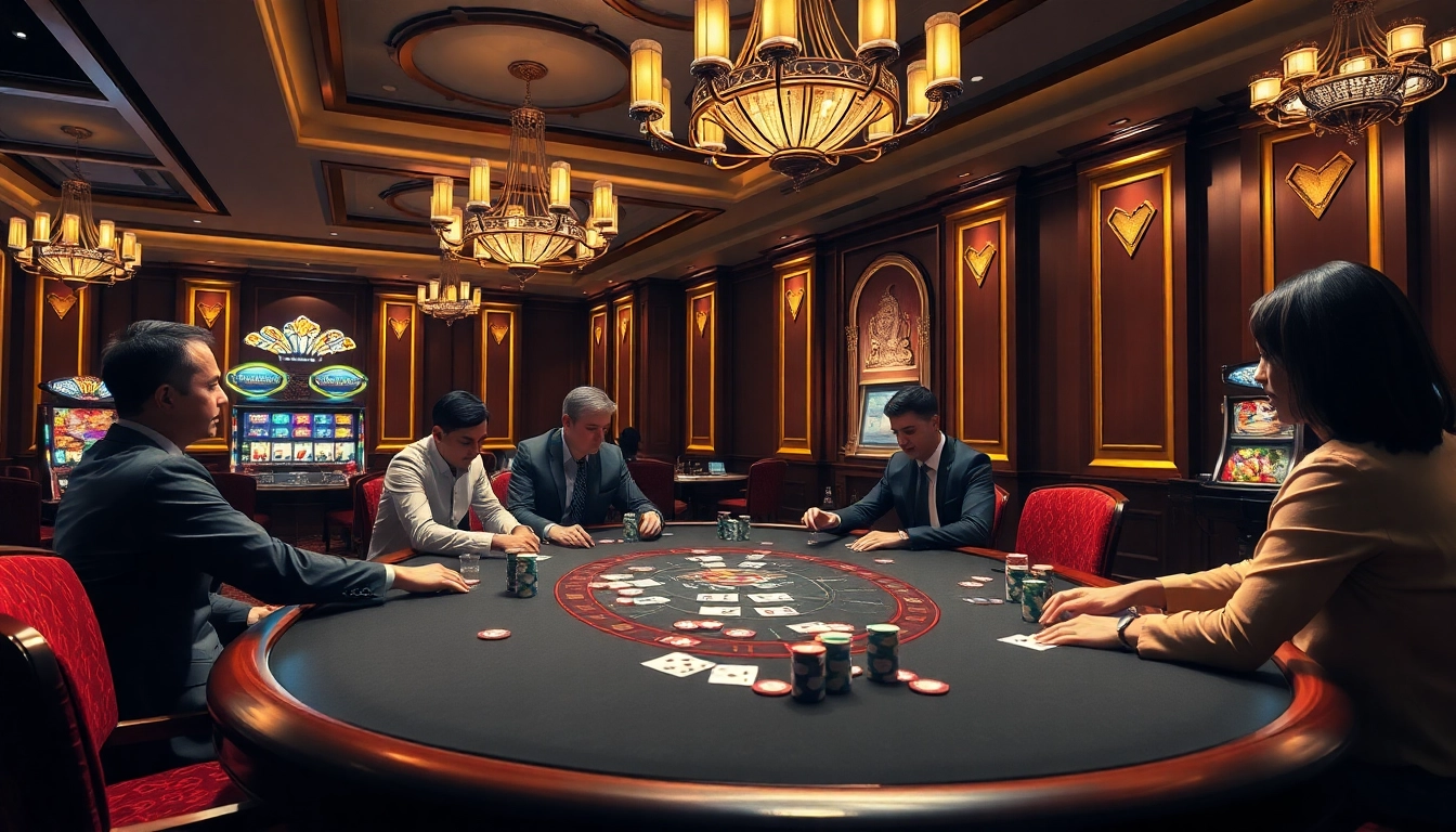 Action-packed poker game scene at https://rr88co.net/ showcasing skilled players and luxury casino decor.