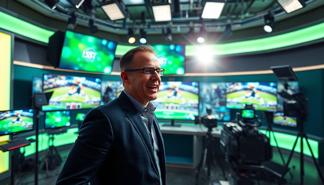 Engaging sports broadcasting scene highlighting a dynamic anchor in action.