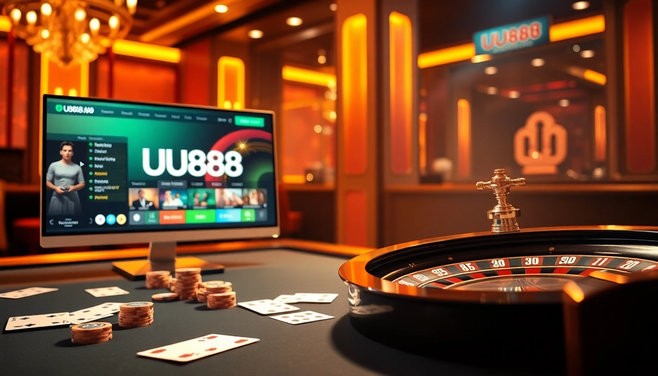 Experience the thrill of U888 with a luxurious online casino scene showcasing vibrant tables and games.