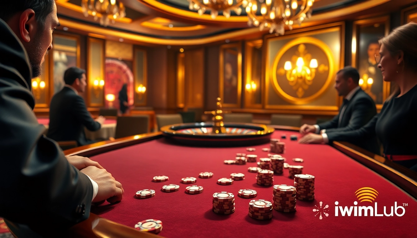 Engaged players strategizing in a high-stakes poker game at iwinclub casino, showcasing luxury and excitement.