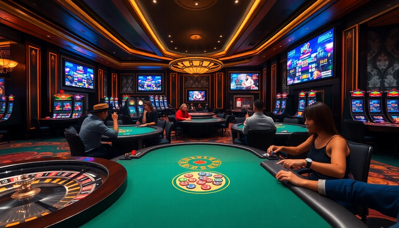 B52 Club players enjoying a thrilling game at an upscale casino with vibrant tables and rich decor.