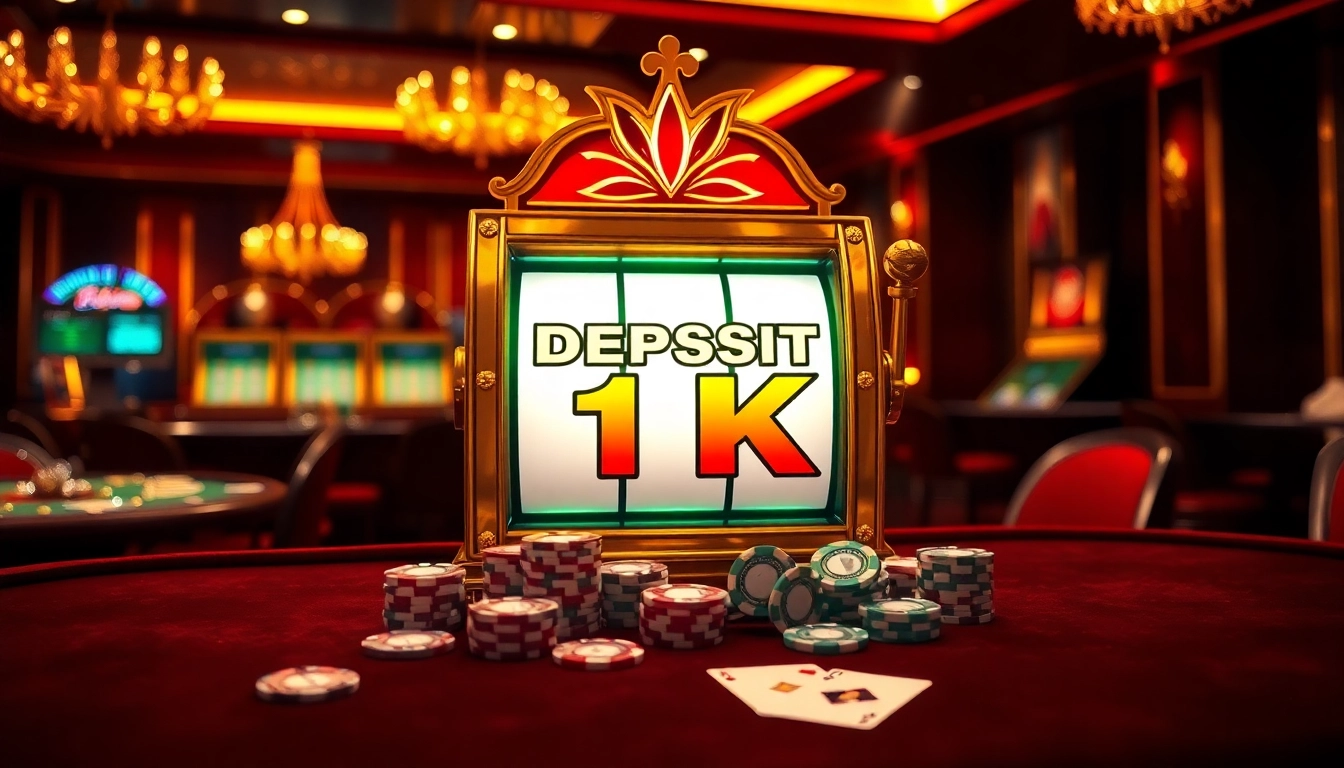 Engaging scene of a vibrant slot machine for slot deposit 1k enthusiasts in a luxurious casino.