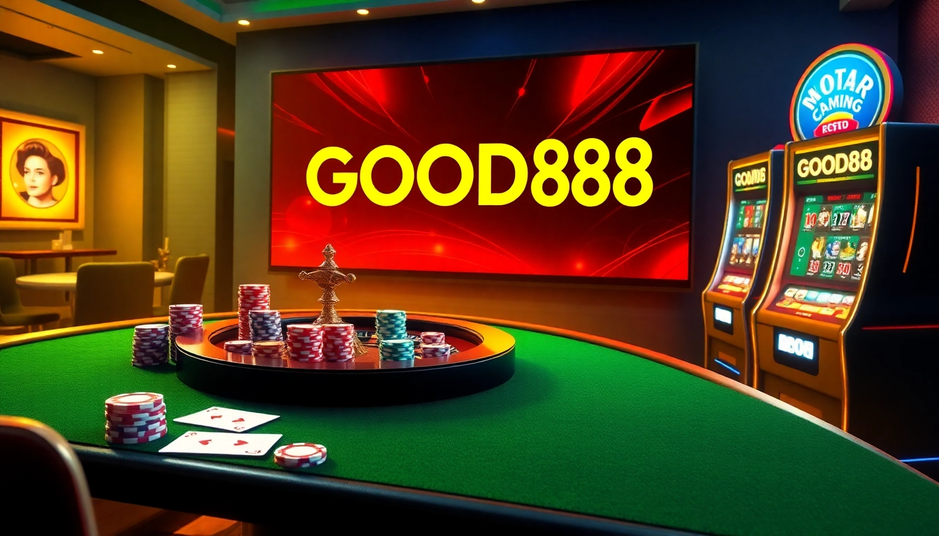 Experience the excitement of GOOD88 with a vibrant casino scene featuring poker chips and a roulette wheel.