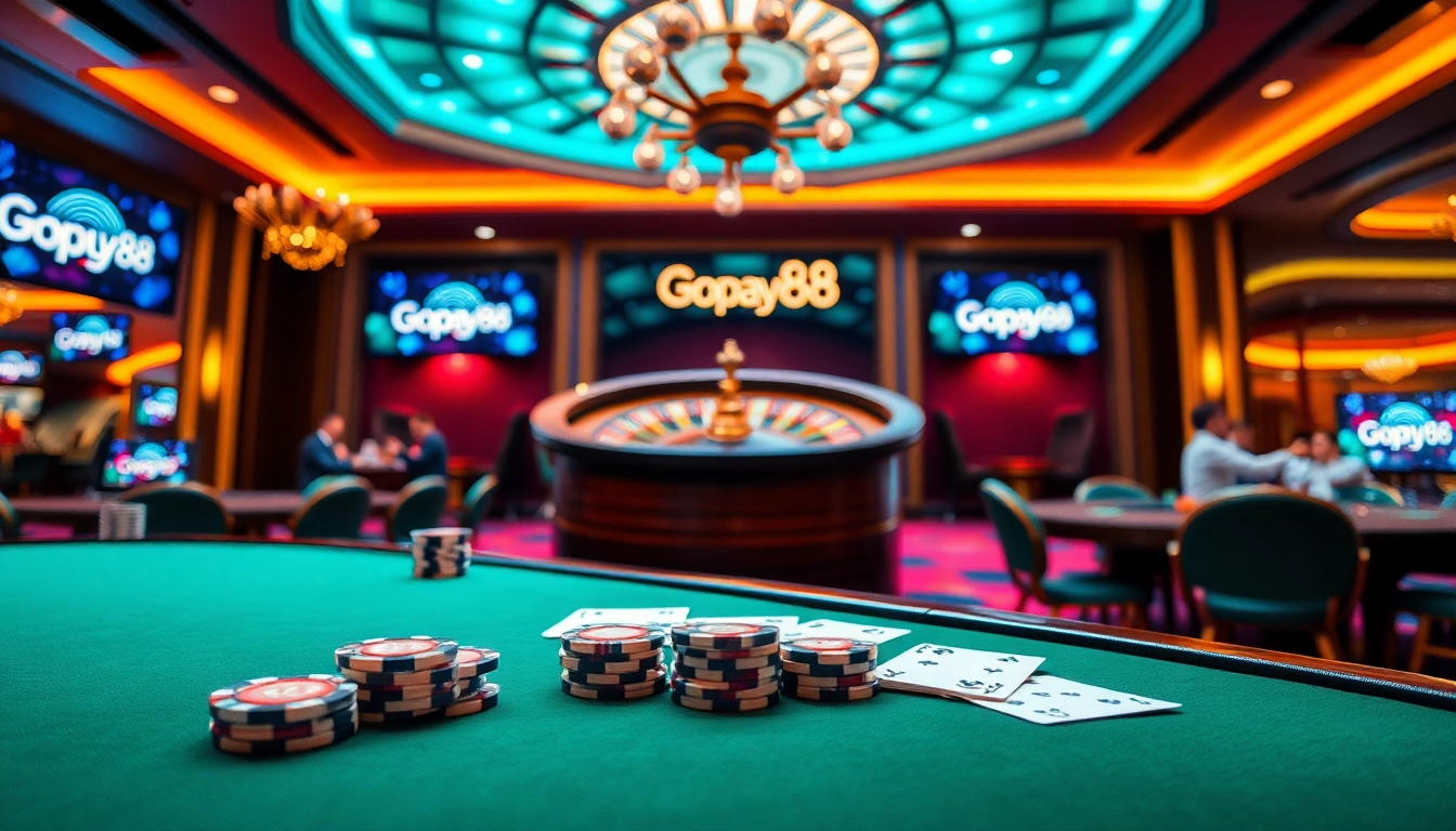 Gopay88 poker chips and cards on an elegant casino table, enhancing the gambling experience.