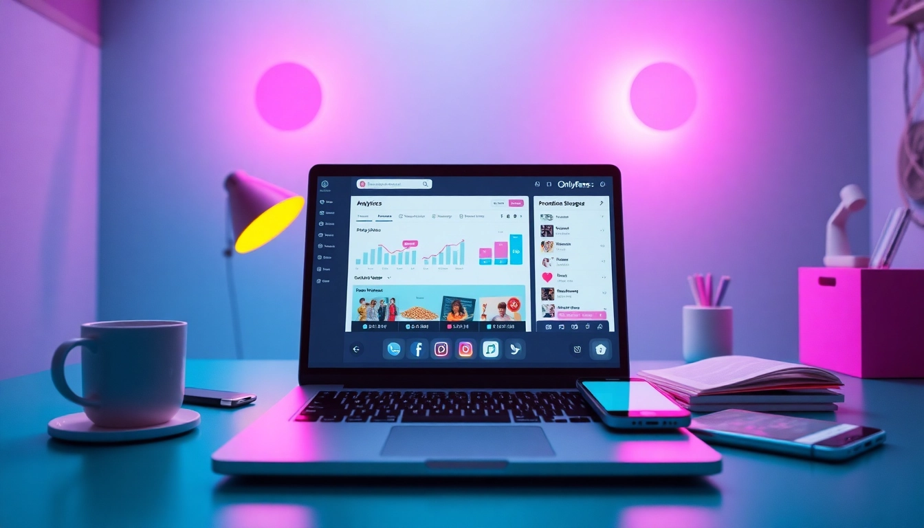 OnlyFans promotion tools showcased in a vibrant digital workspace with analytics and social media elements.
