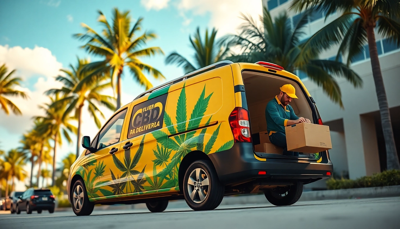 Illustration of fort lauderdale weed delivery showcasing a dynamic CBD delivery vehicle in a sunny urban setting.