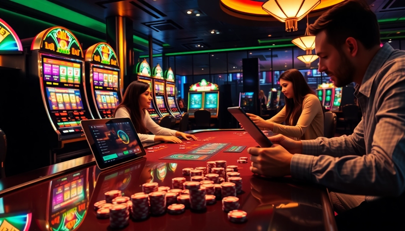 PEN4D players experiencing the thrill of modern slot machines in a luxurious online casino.
