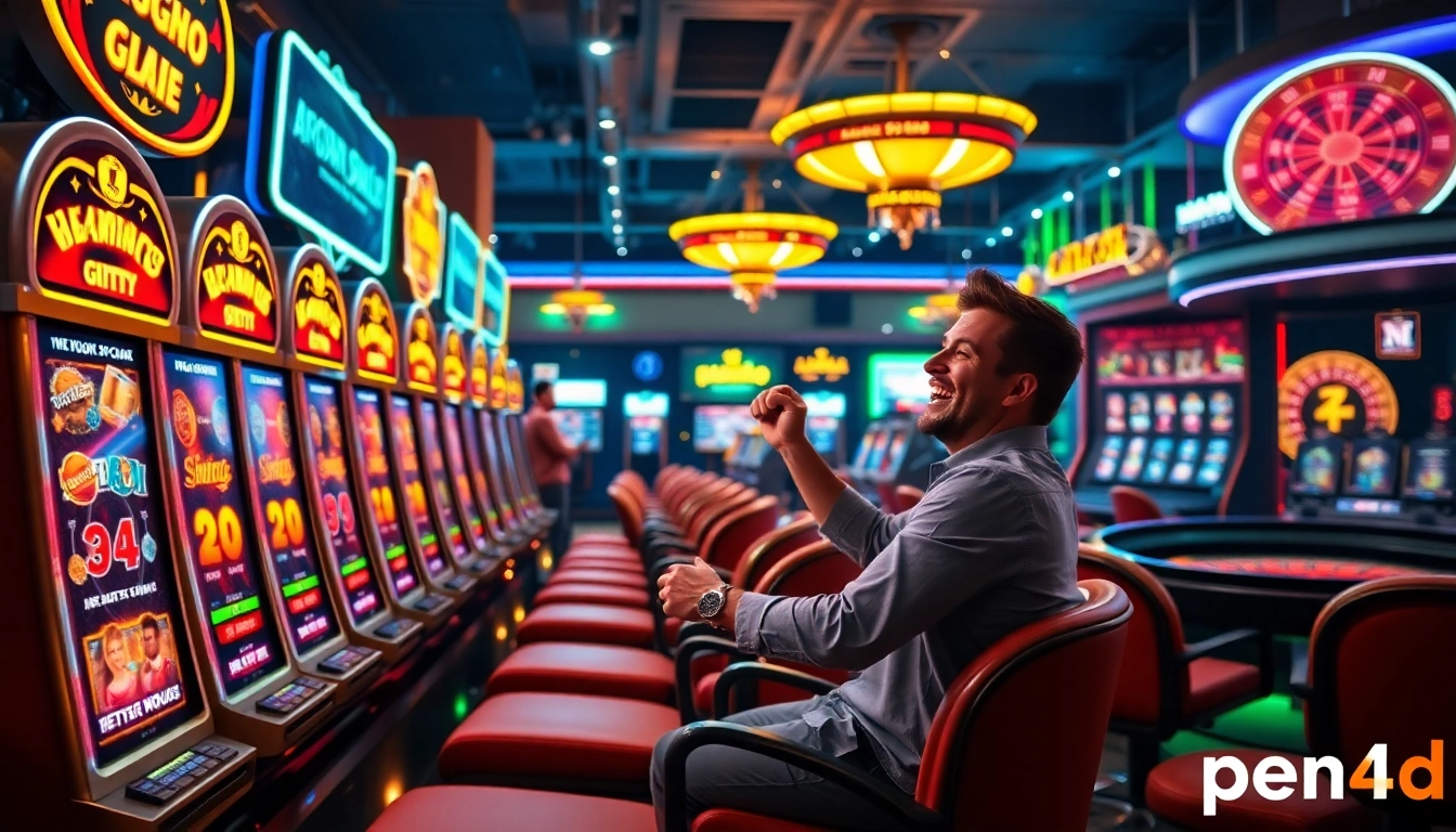 Experience the excitement of pen4d with vibrant slot machines and joyful players in a luxury casino setting.