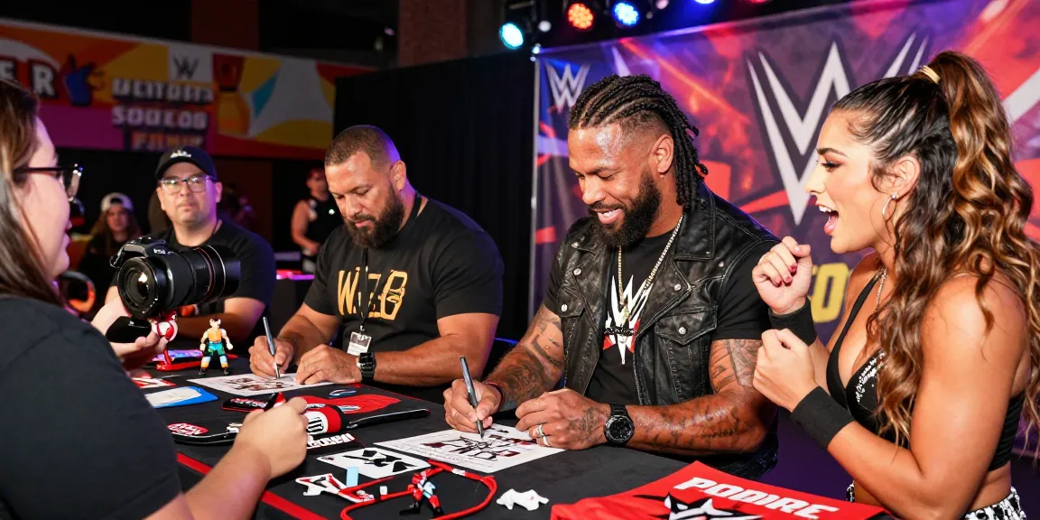 Xavier Woods and Paige engaging with fans at a wrestling event, showcasing their charisma and WWE merchandise.