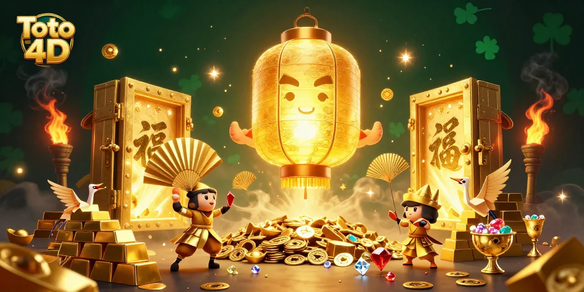 Engage with Toto 4D lottery excitement in a magical 3D casino illustration filled with golden treasures.